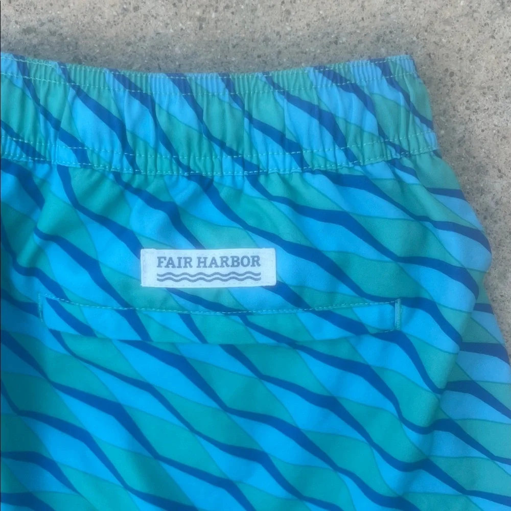 Fair Harbor Men's Blue Wave Design Lined Swim Trunks Size L